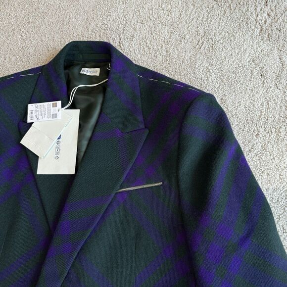 Burberry Wool Deep Royal Check Green Purple Double Breasted Coat 52 NEW Jacket - Picture 3 of 7